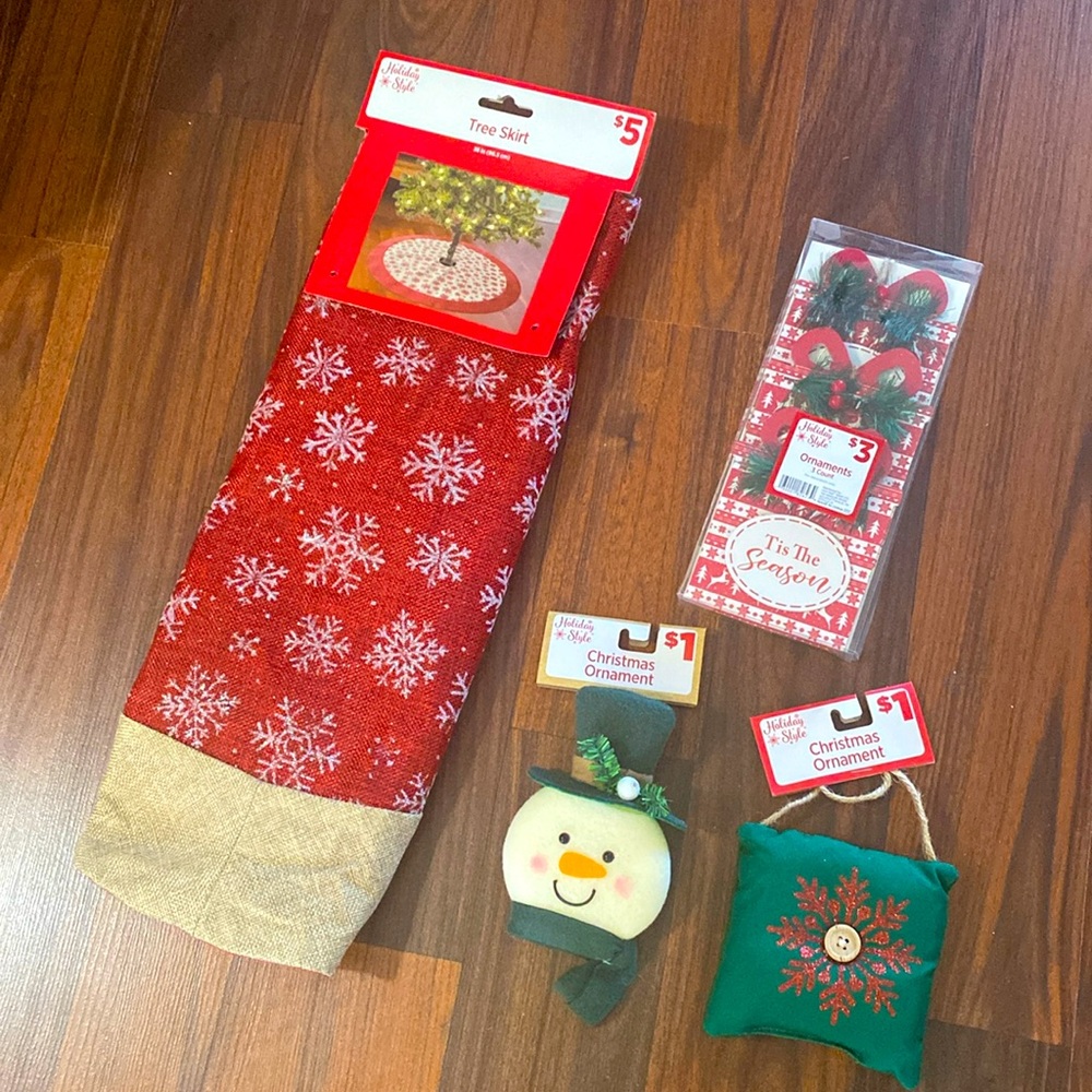 Holiday Style Christmas tree skirt and Christmas ornaments